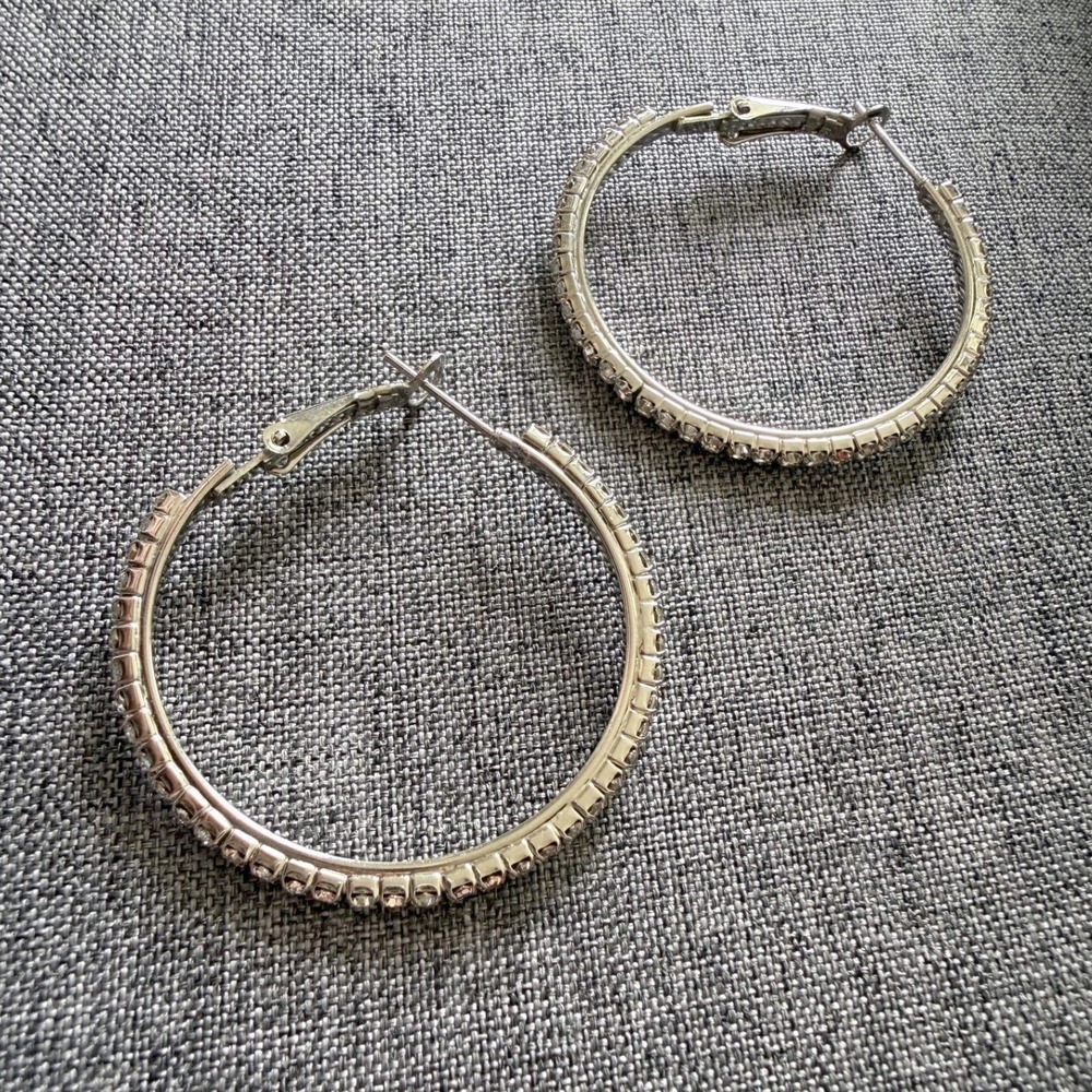 Unbranded Silver Rhinestone Hoop Earrings Women Glam Crystal Latch Back